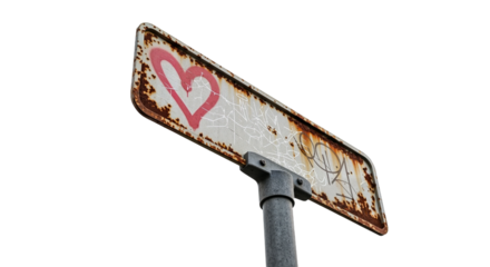 Rusty metal road sign with red heart graffiti drawing on transparent background. Grungy urban texture, street art concept.