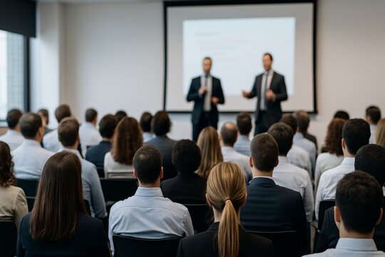 Audience listening to business professionals giving educational presentation in modern conference room during seminar or training session indoors. Ai generative
