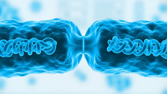 High-detail depiction of a bacterium duplicating its DNA and splitting into two daughter cells in a microscopic environment