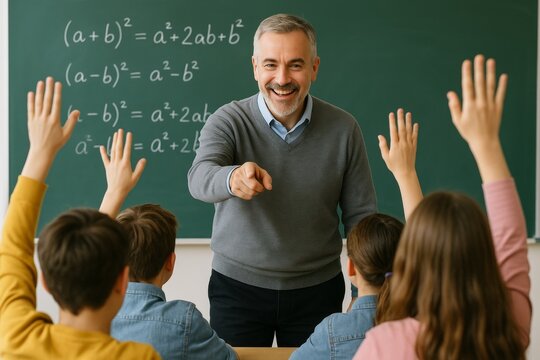 Happy teacher engaging with students raising hands during a math lesson with algebra equations on green chalkboard in classroom setting. Ai generative