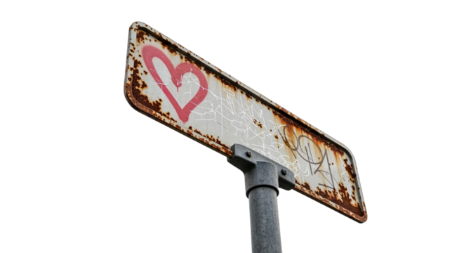 Rusty metal road sign with red heart graffiti drawing on transparent background. Grungy urban texture, street art concept.