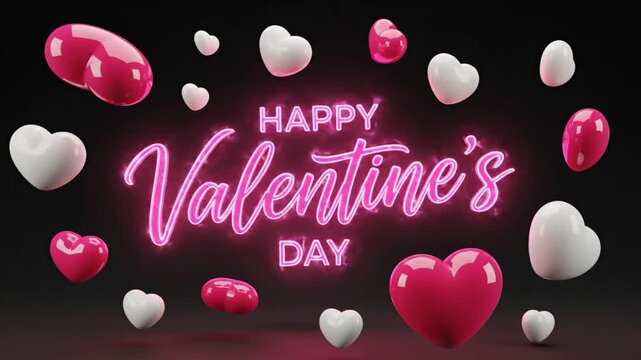 Valentine&rsquo;s Day with matte black background, neon pink brush lettering font, glossy 3D hearts floating in hot pink and white