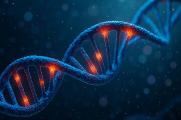 Glowing DNA double helix strand structure with orange highlights on a dark blue background, representing genetic research and biotechnology concept. Ai generative