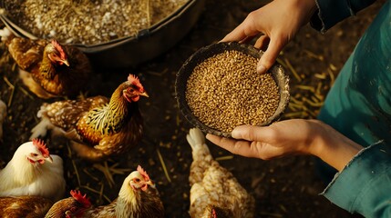 Feeding chickens with grains in a farm setting.