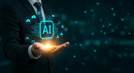 Businessman Holding Glowing AI Processor Chip with Digital Network Icons Representing Artificial Intelligence and Machine Learning in Corporate Business