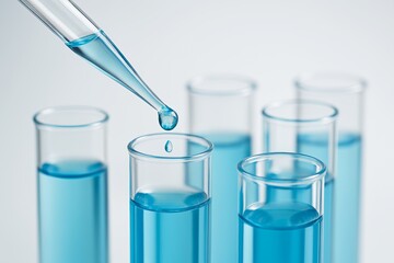 Close-up of laboratory pipette dropping blue liquid into test tubes on white background, symbolizing science and experimentation concept. Ai generative