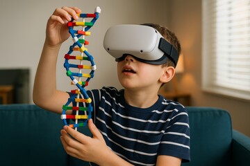 Curious child wearing VR headset exploring colorful DNA model, representing science learning and futuristic educational technology concept at home. Ai generative
