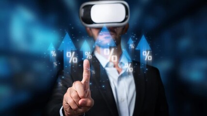 A businessman engages with virtual reality technology to explore and analyze market trends and growth data, showcasing a modern approach to business strategies. Raster - Powered by Adobe