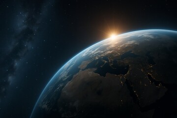 Fototapeta premium Sunrise over Earth viewed from space with Middle East and Europe visible, illustrating a scientific and educational concept of planetary observation. Ai generative