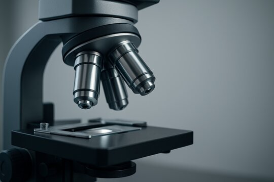 Close-up of microscope objective lenses focusing on slide in laboratory setting, symbolizing science, research, innovation, and education concept. Ai generative