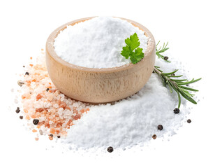 A wooden bowl filled with coarse sea salt garnished with fresh herbs and surrounded by salt crystals and peppercorns