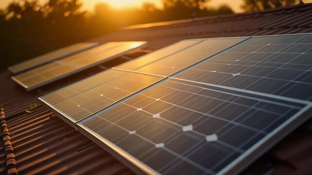 A close-up of solar panels installed on a rooftop, capturing sunlight during sunset