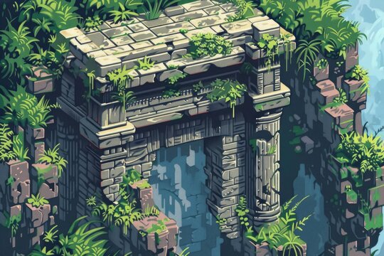 Illustration of an ancient stone archway overgrown with lush vegetation, creating a mysterious and captivating scene in a tropical jungle setting - Powered by Adobe
