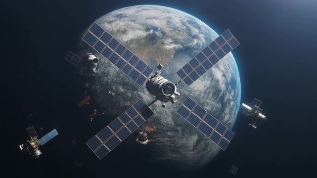 A satellite orbits Earth, equipped with solar panels, capturing data and images from space 