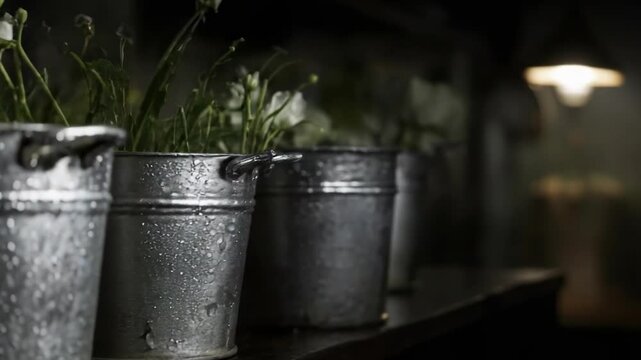 Galvanized metal buckets with white flowers lined up on a wooden shelf, dew droplets sparkling in the night.