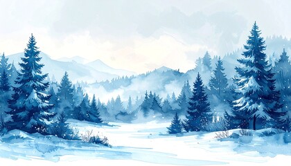 Fototapeta premium Christmas card, watercolor snowy landscape with pine trees, soft pastel blue and white tones