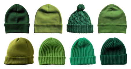 PNG Various green knitted winter hats, element set on transparent background
