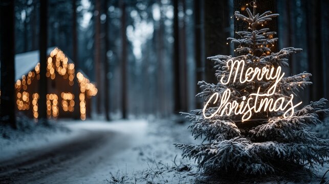 Serene winter forest with a snow dusted pine displaying a glowing neon merry christmas sign, cozy cabin lights in the background creating a tranquil holiday scene greeting card background copy space