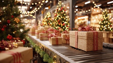 Holiday gifts moving along a conveyor belt in a festive christmas sale factory, symbolizing seasonal manufacturing, retail logistics, and present delivery readiness for celebrations
