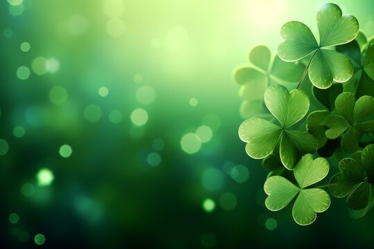 Shamrocks are growing in a beautiful green background with sparkling bokeh lights, perfect for saint patrick's day celebrations