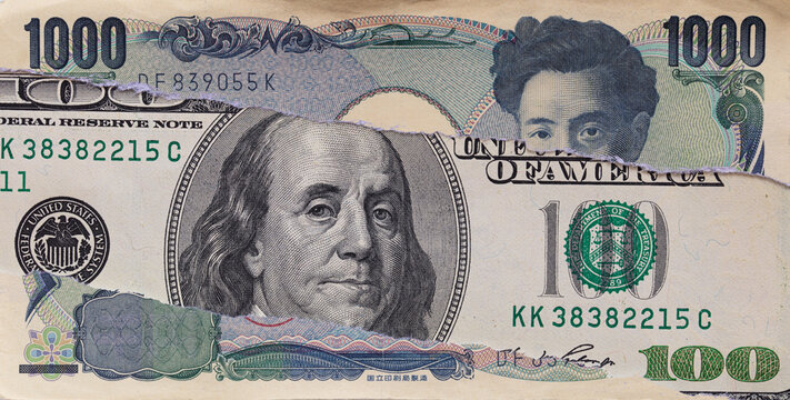 Torn Money Combining US Dollar and Yen