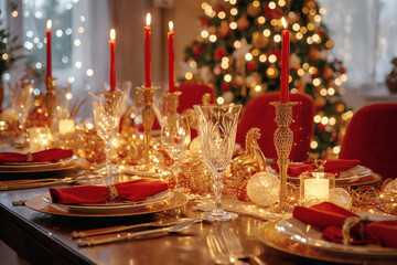 Table setting. Stylish plates, napkins, New Year decorations, Christmas tree garlands on a festive table against the backdrop of a Christmas tree. The concept of a fun Christmas and the New Year 2026.