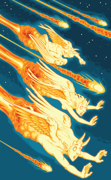 Angels fall from the sky along with comets. Vector cartoon illustration.

