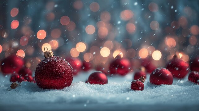 Red christmas ornaments with glitter detailing are resting on a blanket of fresh snow while snowflakes gently fall against a blurred background warm bokeh lights copy space greeting card background