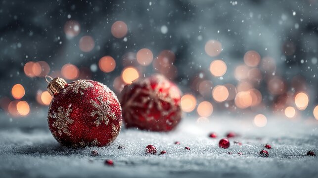 Red glitter christmas ornaments resting on a snowy surface, illuminated by soft bokeh lights and gentle snowfall, a classic festive ambiance for winter holidays copy space greeting card background