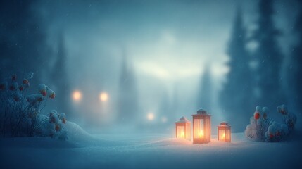 Flickering lanterns illuminating tranquil snowy winter night scene, soft falling snow calm atmosphere, essence cold season holidays and peaceful solitude greeting card background christmas copy space