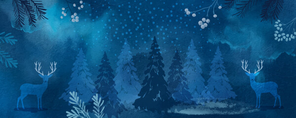 Dark blue watercolor sketch of winter night on textured paper. Elegant Christmas watercolor drawing with Christmas deer, Christmas tree, snow-covered winter forest. Winter Wonderland