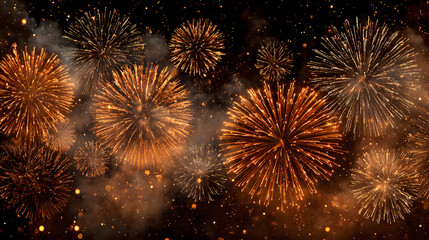 Bright golden fireworks explode in the night sky welcoming the year 2026 with hello happy new year