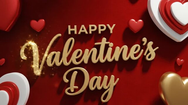 Valentine&rsquo;s Day layout with deep red velvet background, gold metallic script font, layered 3D hearts in white