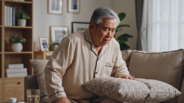 Elderly Asian man suffering from back pain at home, struggling to get up from the sofa.