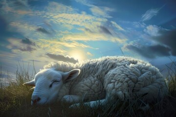 Obraz premium Serene image of a lamb sleeping peacefully in a green meadow as the sun sets, casting a warm glow against a dramatic, cloudy sky
