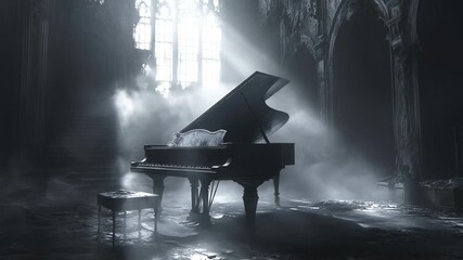 Grand piano in dark gothic room with light rays shining through window creating a dramatic emotional scene