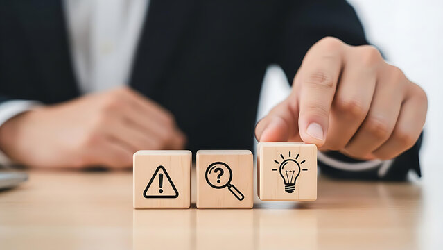 Creative problem solving concept with lightbulb, question mark and exclamation point on wood blocks leading to innovative thinking and solutions