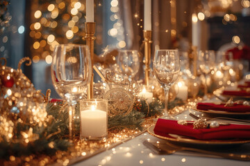 Table setting. Stylish plates, napkins, New Year decorations, Christmas tree garlands on a festive table against the backdrop of a Christmas tree. The concept of a fun Christmas and the New Year 2026.