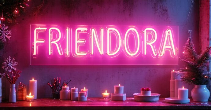 Bright pink neon sign spells FRIENDORA. Candles illuminate rustic wall, creating cozy festive mood. Winter decor accents scene. - Powered by Adobe
