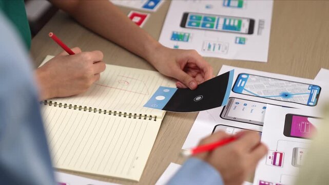 Panorama video of startup UX developer or company employee design user interface or UI prototype for mobile application or website software with software display on smartphone in office. Synergic