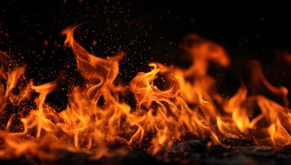 Obraz premium Vibrant orange and yellow flames dance intensely against a deep black background showcasing the raw power and beauty of intense heat and light