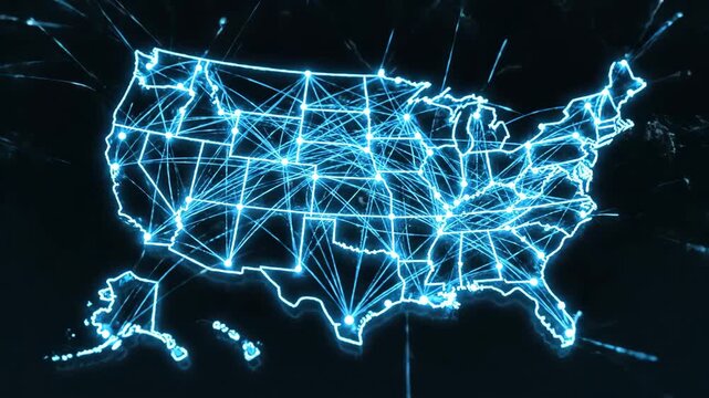 USA Network Connection - This video features a glowing blue outline of the United States map with network connections between various points.