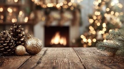 Golden pinecones and glittery christmas ornaments adorning a rustic wooden table with a blurred fireplace and festive lights a warm holiday atmosphere product card copy space marketplace background