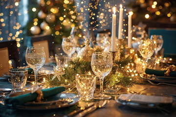 Table setting. Stylish plates, napkins, New Year decorations, Christmas tree garlands on a festive table against the backdrop of a Christmas tree. The concept of a fun Christmas and the New Year 2026.