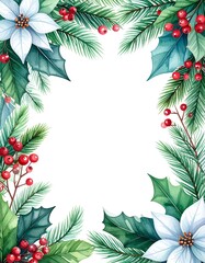 Christmas floral frame. Winter greenery border isolated on white background. Holiday greeting card template. Hand painted watercolor illustration