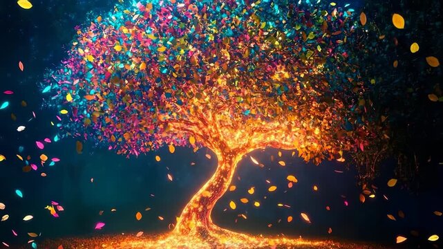 Glowing multicolored tree with leaves that defy gravity in a night landscape bathed in vibrant light