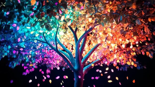 Glowing multicolored tree with leaves that defy gravity in a night landscape bathed in vibrant light