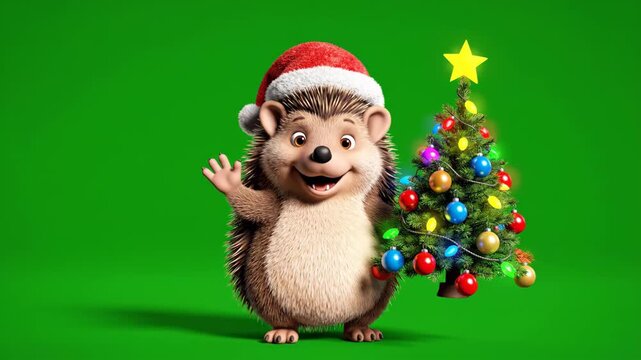 Christmas Hedgehog with Tree - A charming cartoon hedgehog wearing a Santa hat stands next to a decorated Christmas tree against a green background, waving hello.