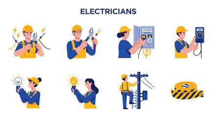 Fototapeta premium A collection of eight illustrations depicting male and female electricians performing tasks and electrical supplies