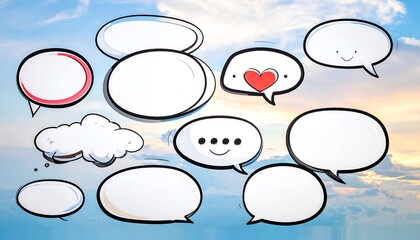 Various empty speech bubbles with diverse shapes floating against a vibrant sky backdrop